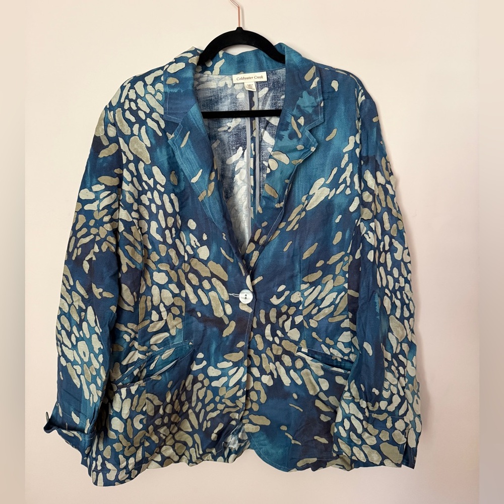 Coldwater Creek Blazer Womens 1X (16W-18W)  Blue Linen Blend Watercolor Jacket